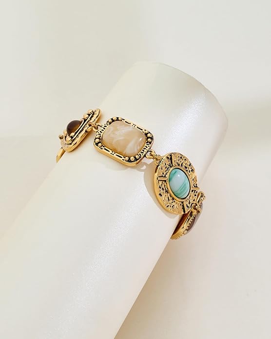 Vintage Geometric Stone Charm Bracelets for Women Trendy Chunky Gold Chain Link Bracelet Boho Statement Bangle Bracelets Jewelry
