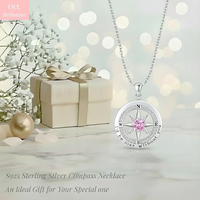 Compass Necklace for Women Wife Girlfriend Mom Daughter Gifts S925 Sterling Silver Jewelry For Anniversary Rose Gold Gifts For Birthday Christmas Mothers Valentines Day 12 Birthstones