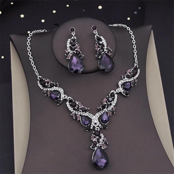 Secret for Longevity Silver Tone Antique Style Art Deco Dark Purple Eggplant Amethyst Rhinestone Statement Wedding Bridal Prom Chunky Statement Earrings Necklace Gift Set