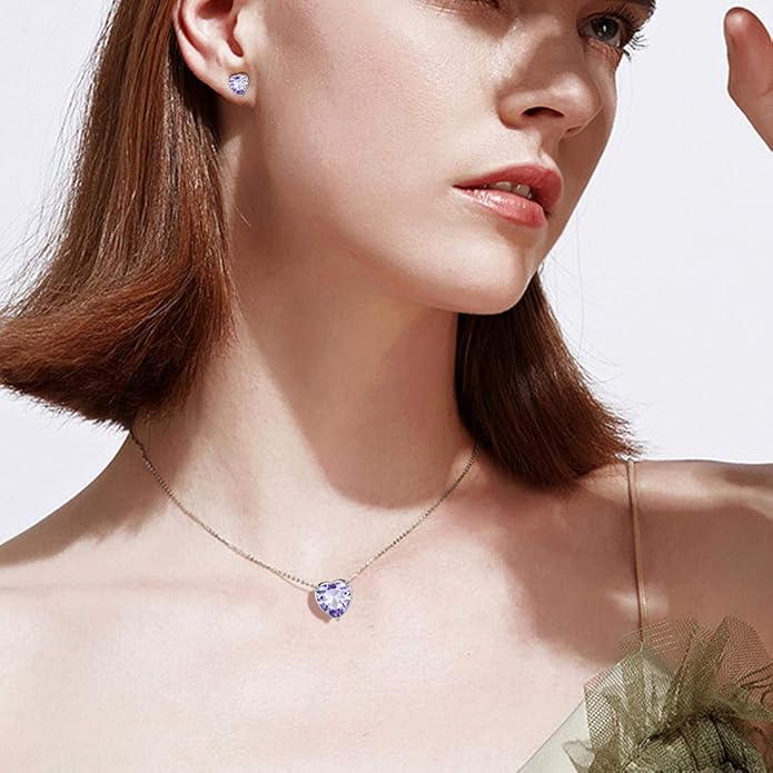 Aurora Tears Hearts Necklace Earrings Jewelry Sets - Women 925 Sterling Silver Birthstone Pendants Earrings Set Crystal Wedding Birthday Jewelry