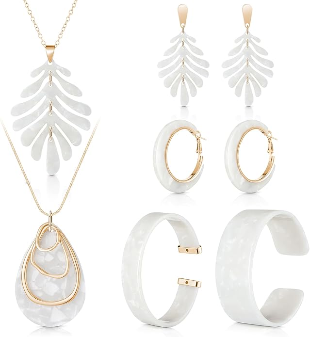 Highergo 8 Pcs Acrylic Jewelry Set Women Statement Earrings Necklace Bracelet Marble Texture Floral Necklace Set for Women