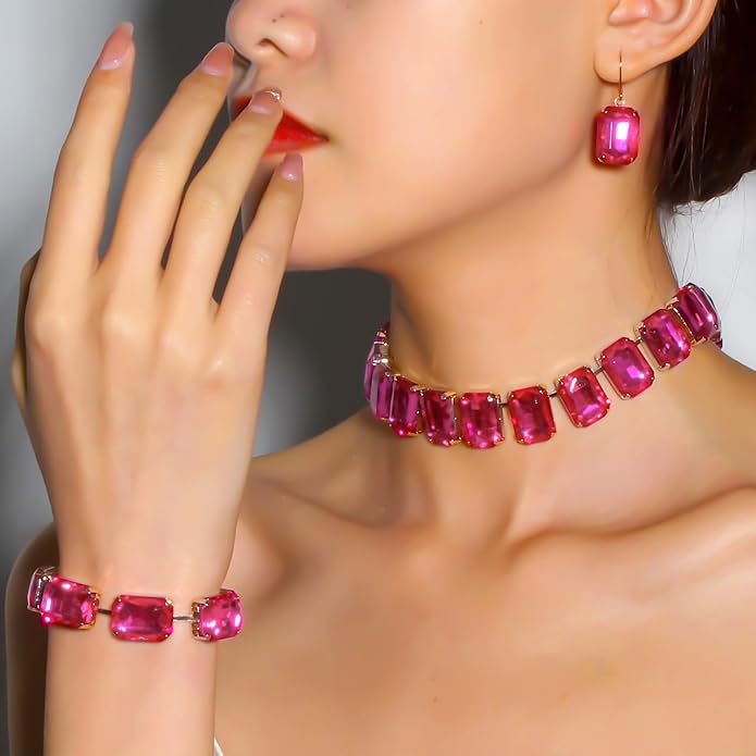 KOSMOS-LI Rectangle Faux Crystal Jewelry Sets Includ Necklace Bracelet Earrings For Women Stocking Stuffers