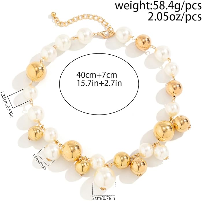 Chunky Pearls Statement Choker Necklace for Women,14K Gold Large Beaded Punk Ball Cluster Collar Necklace Party Dainty Jewelry Gift