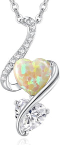 LOUISA SECRET 925 Sterling Silver Opal Birthstone Necklace, Unique Tiny Double Heart Pendant Jewelry, Engraved with "S925 I Love You" Best Birthday Gift for Women Wife Girlfriend Mom Her, Christmas Day Valentine's Day Anniversary Mother's Day