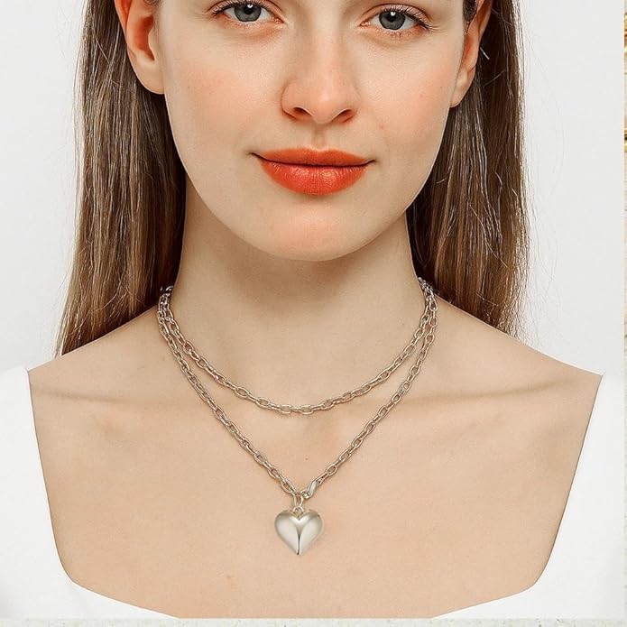 Chunky Gold Heart Necklace for Women,Y2K Big Heart Statement Necklace Long Puffy Hearts Chain Charm Necklaces Trendy Jewerly