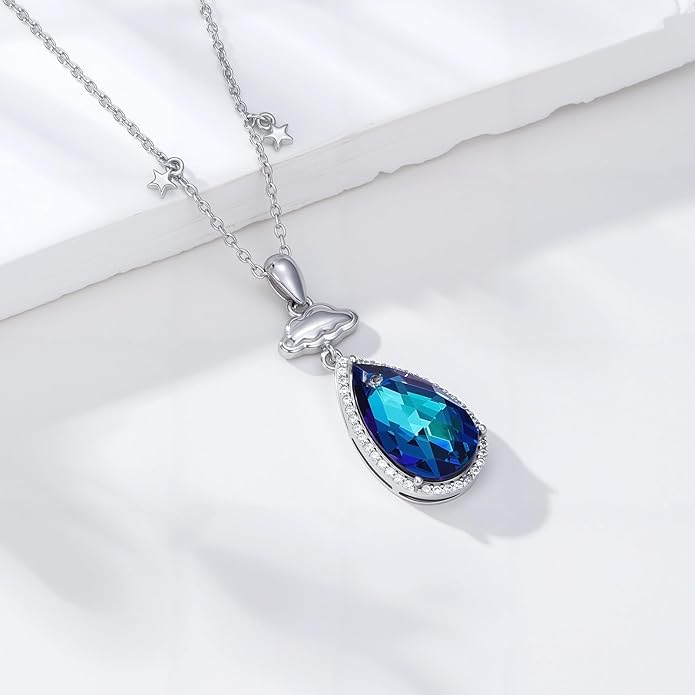 925 Sterling Silver Blue Crystal Pendant Necklace for Women, Teardrop/Round Crystal Jewelry for Christmas Birthday Valentine's Mother's Day Gifts