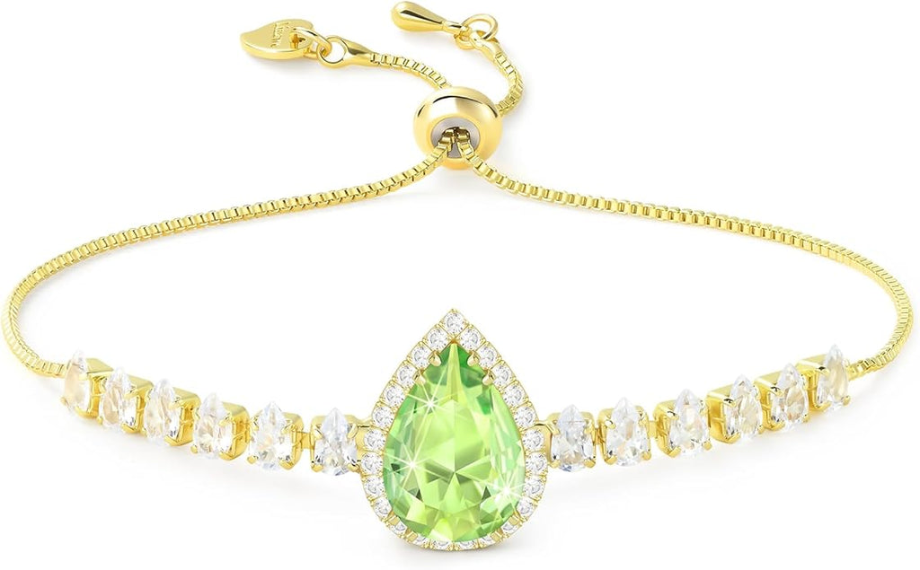Linawe Crystal Imitation Diamond Rhinestone Charm Bracelets for Women, Gold/Silver/Rose Gold Adjustable Chain Bracelet, Teardrop Birthstone Cubic Zirconia Prom Costume Wedding Jewelry