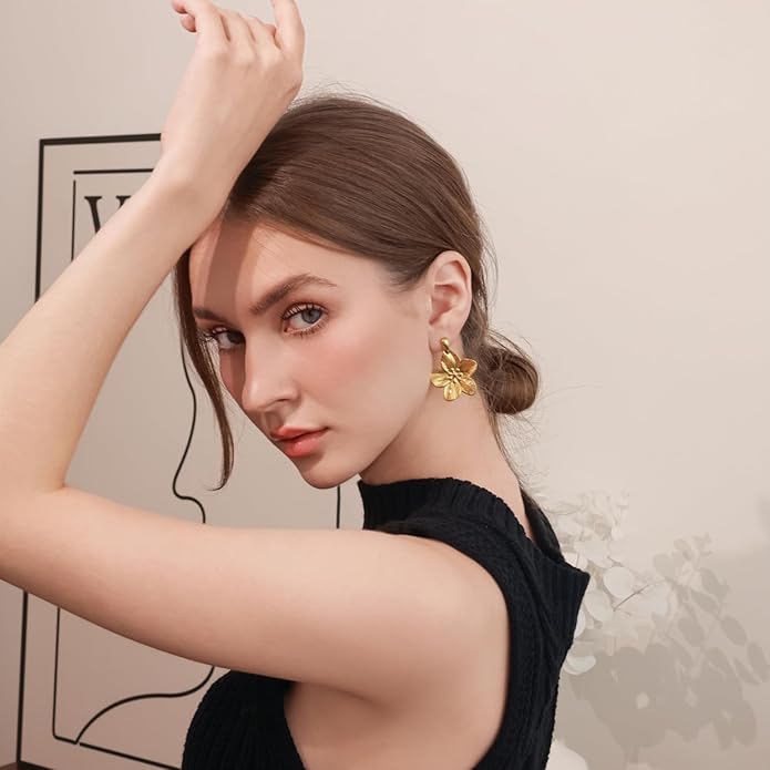 Gold Flower Statement Earrings for Women, Large Chunky Bohomian Summer Beach Floral Earring, Irregular Bold Exaggerated Earrings