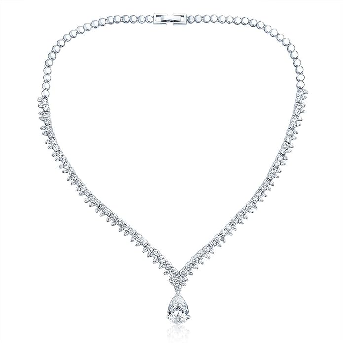 Bridal Jewelry Set Art Deco Vintage Estate Style Cubic Zirconia Marquise Leaf Teardrop AAA CZ Statement Cleavage Choker Necklace & Chandelier Dangle Clip On Or Pierced Earrings For Women Pageant