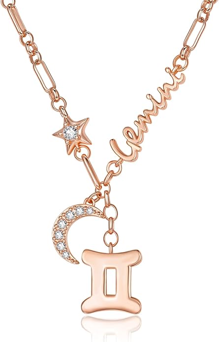14K Gold/Rose Gold Zodiac Necklace for Women - Horoscope Constellation Pendant with Moon and Star, Luxury Birthday Gifts Jewelry for Her (12 Zodiac Signs)