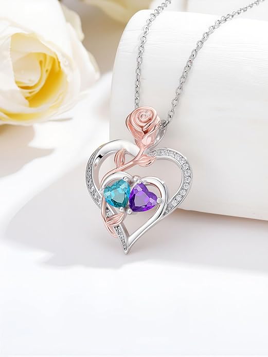 Rose Flower Heart Pendant for Women Birthday Gifts 18k Gold Plated Mother Daughter Necklace with 12 Months Birthstone Christmas Valentines Day Gifts for Her Mom Anniversarry Jewelry for Mom Wife Girlfriend