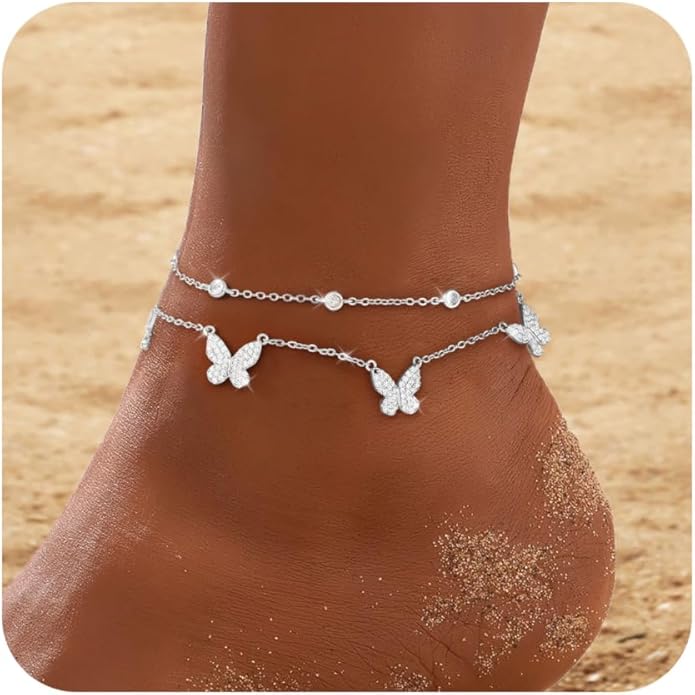 RLMOON Gold Anklets for Women CZ Ankle Bracelet 14K Gold/Silver Plated Waterproof Dainty Layered Tennis Heart Dot Chain Silver Anklets Trendy Foot Jewelry