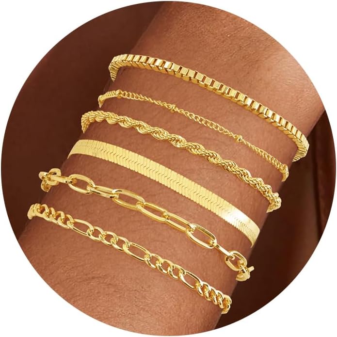 VIBILIA Dainty Gold Chain Bracelet for Women Trendy Stackable Adjustable Layered Metal Bracelet Gold Plated Twist Link Figaro Chain Paperclip Bracelets Fashion Jewelry