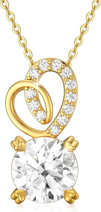 SISGEM 14K Real Gold 1 Carat Round-Cut Moissanite Necklace for Women,Yellow Gold Infinity/Heart Pendant Ribbon Necklaces Birthday Gifts for Wife Girlfriend 16''-18''