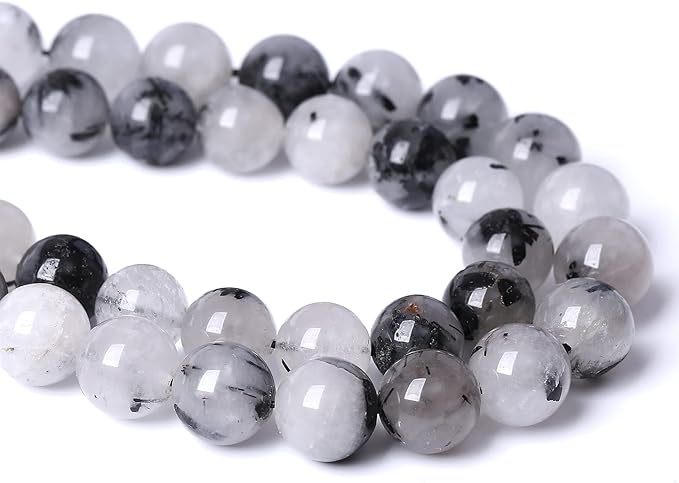 10MM 36PCS Natural Crystal Stone Black Rutile Quartz Gemstone 2A Grade Loose Beads for Jewelry Making DIY Bracelet Necklace Semi Precious Beads 1 Strand