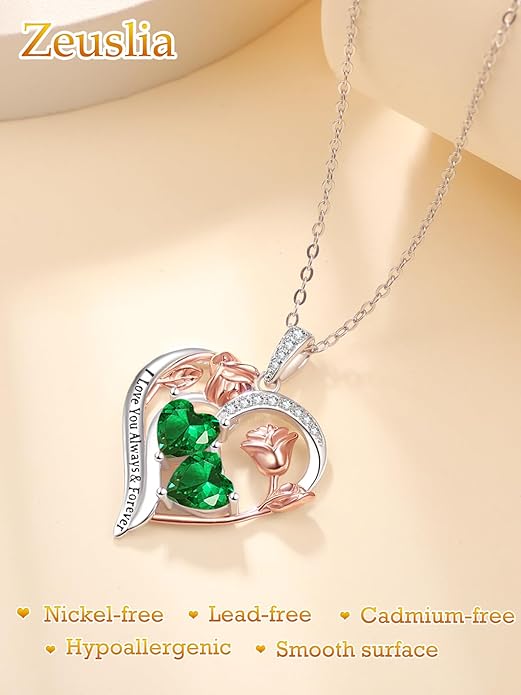 Valentine's Day Gifts for Wife 925 Sterling Silver Double Birthstone Pendant Necklaces I Love You for Always and Forever Necklace Anniversary Birthday Gifts for Wife Girlfriend Mom Her