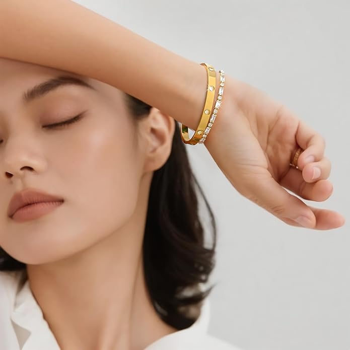 Stackable Gold Bracelets for Women - 2Pcs 18K Gold Plated Cubic Zirconia Bangle Bracelet Friendship Tennis Bracelet Stack Jewelry,Party Christmas Birthday Gifts for Her Girlfriend Sister Wife Daughter