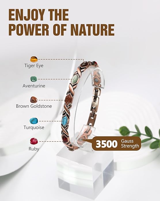 Feraco Pure Copper Bracelets for Women, Ultra Strength Magnetic Bracelet with 3800 Gauss Magnets & Natural Turquoise & Stones, Adjustable, Jewelry Gift