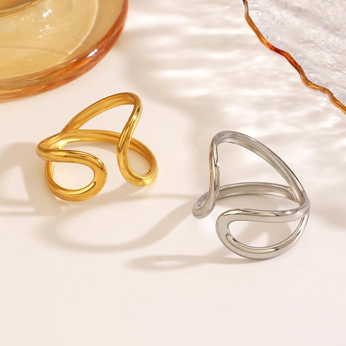Chunky Rings For Women, Gold Silver Thumb Ring Asymmetrical Wavy Curve Ring Adjustable Non Tarnish Dainty Stainless Steel New Year Anniversary Birthday Jewelry Gift