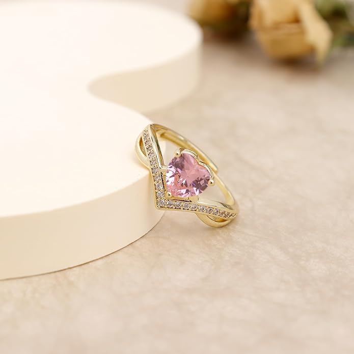 Jean Beau Gold Heart Adjustable Rings for Women, Trendy Elegant Sparkly Cubic Zirconia Ring Wedding Prom Valentine Fashion Accessories Jewelry Gift