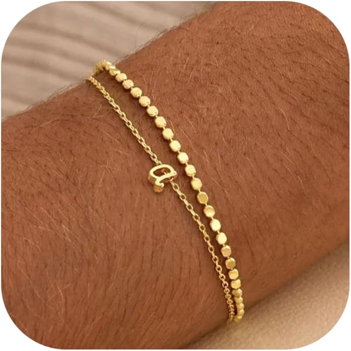 Initial Bracelets for Women, Dainty 14K Gold Plated Layered Letter Bracelet, Trendy Charm Stackable Jewelry Valentines Day Gift for Her