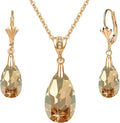 EVEVIC Austrian Crystals Teardrop Pendant Necklace Earrings for Women 14K Gold Plated Hypoallergenic Leverback Drop Dangle Earrings Jewelry Set