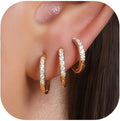 Busy Women's Gold Huggie Earrings Hoops Set — Small Dainty Cubic Zirconia Hoop Earrings 14K Gold Plated, Shower-Safe, Work-Ready, Skin-Friendly, Easy to Stack (3 Pairs)