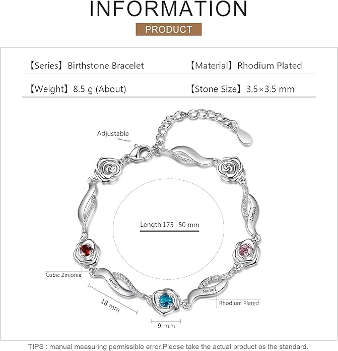 Personalized Simulated Birthstone Bracelets Adjustable Rose Flower Chain Charm Bracelet with 1-5 Name Initial Engraved for Women Mom Christmas Gifts