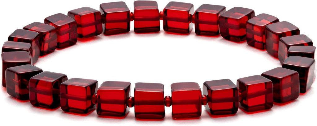 Natural Red Baltic Amber Bracelet for Women and Men – Stretch Wristband with Polished Cube Beads, Lightweight Unisex Jewelry Gift for Daily and Casual Wear (Red)