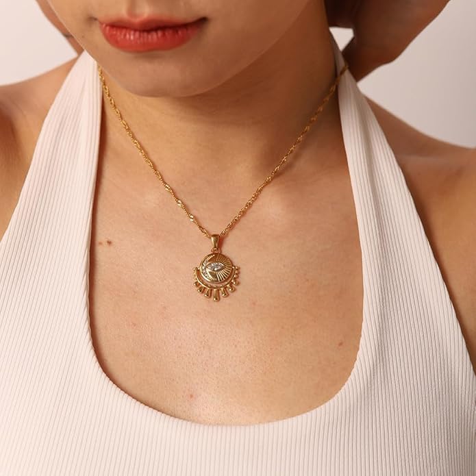 IBARA Women Gold Dianty Necklace Sun Crescent Moon Star Evil Eye Lock Lovely Heart Flower Butterfly Pearl Pendant Coin Necklaces 18K Gold CZ Diamond Filled Chain Boho Beach Simple Handmade Jewelry