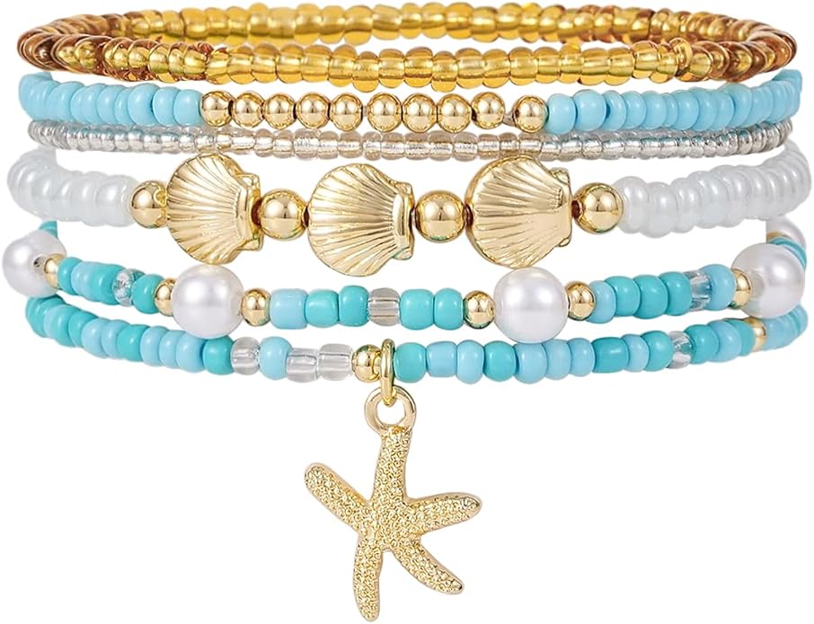 Shell Bracelet Seashell Boho Beaded Stretch Bracelets for Women Summer Beach Bracelets Starfish Charm Bracelet Stackable Gold Plated Bracelets Set for Women