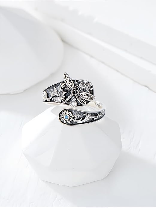 Midari Sun and Moon/Bee/Celtic/Life of Tree/Lotus Spoon Ring for Women 925 Sterling Silver Adjustable Ring Open Ring for Women Men Halloween Birthday Gift