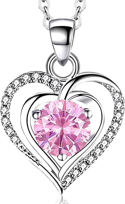 RIVIKO Heart Birthstone Pendant Necklace for Women 925 Sterling Silver Zirconia Necklaces Valentine's Day Anniversary Birthday Mothers Day Jewelry Gifts For Her Mother Wife