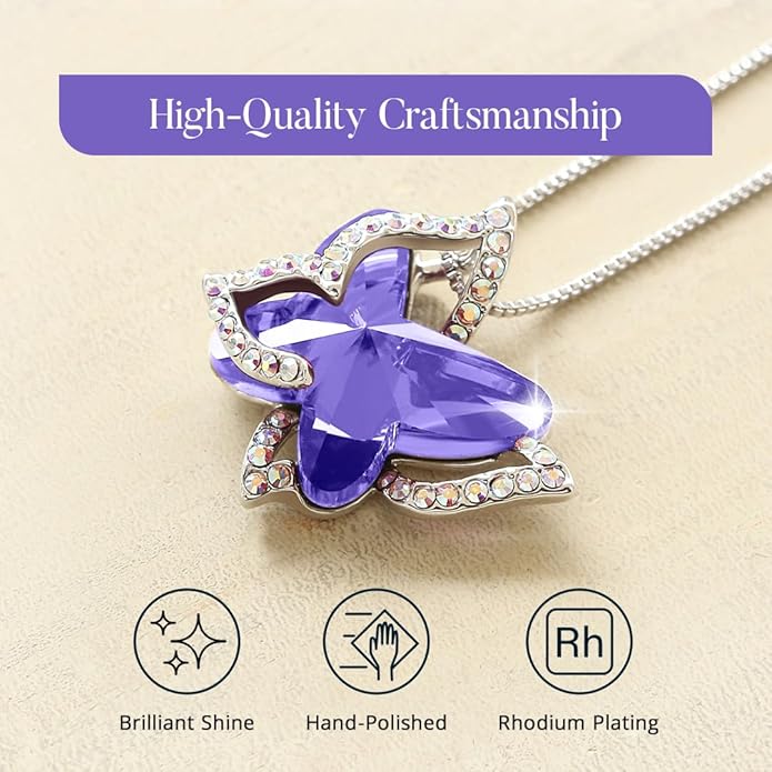 Valentine's Day Gift Butterfly Birthstone Crystal Necklace, Silver Tone with 18”+2” Chain, Necklace for Mother’s Day Anniversary Birthday Gifts for Women and Daughter