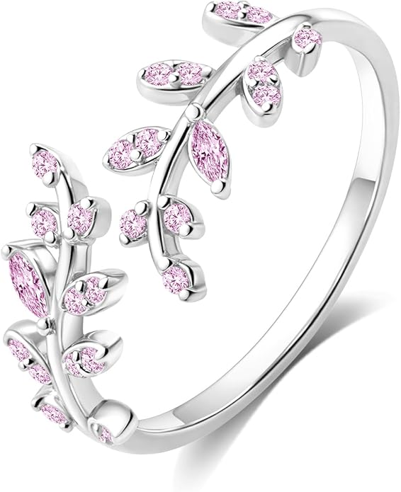 Adjustable S925 Sterling Silver Ring for Women,Branch Leaves Band Stacking Finger Ring,Paved Cubic Zirconia Stone Stackable Open Ring