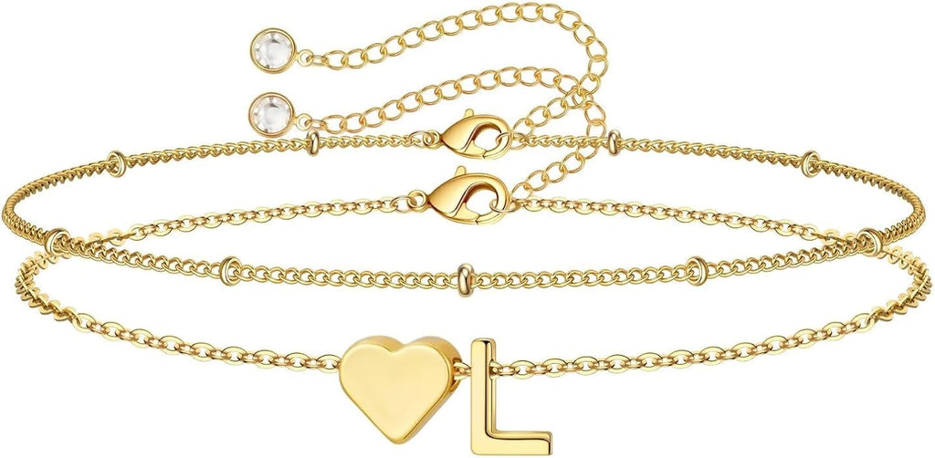 M MOOHAM Valentines Day Gifts for Kids Teen Girls -14K-Gold-Plated Heart Initial A-Z Bracelets for Women Girl Dainty Gold Bracelets Birthday Valentines Gifts for Women Her Teenage Girls Kid Teen Gift
