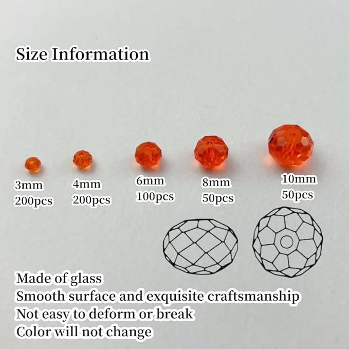 600pcs Crystal Glass Beads 3mm 4mm 6mm 8mm 10mm Rondelle Faceted Crystal Beads Spacer Beads for Necklace Bracelet Earrings DIY Jewelry Crafts Making Supplies(Orange Red)