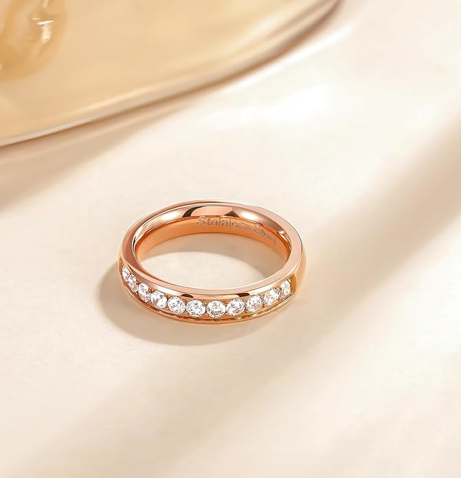 TIGRADE 3.5mm Engagement Ring Half Cubic Zirconia Stainless Steel Eternity Wedding Band for Women Size 3-12.5