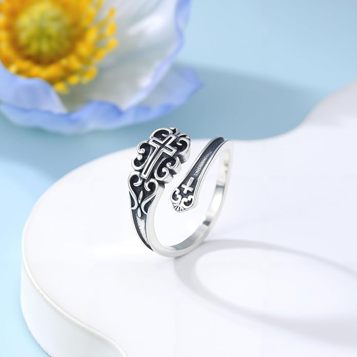 PELOVNY Spoon Rings for Women 925 Sterling Silver Vintage Cross Tree of Life Turquoise Adjustable Thumb Rings Jewelry Gifts for Women Men