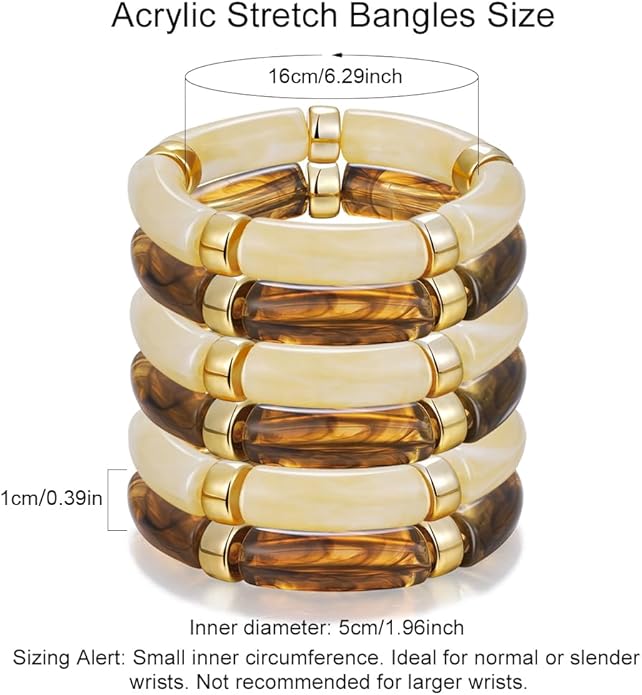 iF YOU 6pcs Chunky Acrylic Bangle Bracelets for Women, Resin Bamboo Brown Stretchy Bracelet Stack, Fashion Jewelry for Women