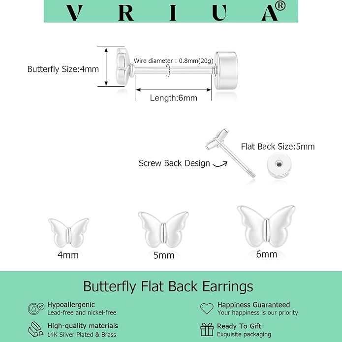 VRIUA 20G Tiny Flat Back Earrings for Women - 14K Gold/Silver Plated Small Flat Back Stud Earrings Hypoallergenic Cartilage Helix Piercing Jewelry
