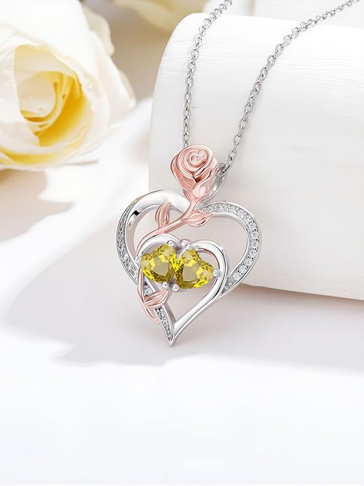 Rose Flower Heart Pendant for Women Birthday Gifts 18k Gold Plated Mother Daughter Necklace with 12 Months Birthstone Christmas Valentines Day Gifts for Her Mom Anniversarry Jewelry for Mom Wife Girlfriend