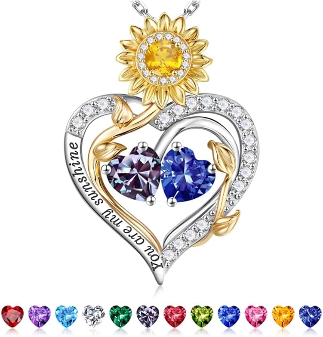 Iefil Valentines Day Gifts for Her - 925 Sterling Silver Sunflower Double Birthstone Necklace for Women, Anniversary Birthday Gifts for Wife, You Are My Sunshine Necklaces, Jewelry for Wife Mom