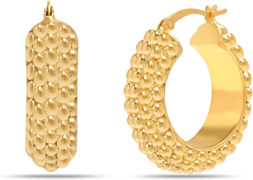 LeCalla 925 Sterling Silver Bali-Style Hoop Earrings Lightweight Click-Top Antique Two-Tone Beaded Italian Bali Style Earring Hoops for Women
