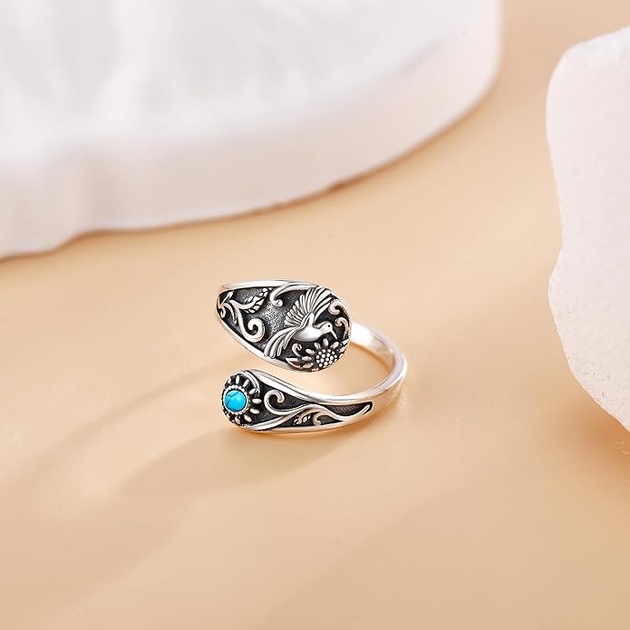 Hummingbird Ring 925 Sterling Silver Turquoise Sunflower Adjustable Open Spoon Ring Victorian Style Bird Jewelry Mothers Gifts for Women Mom Grandma