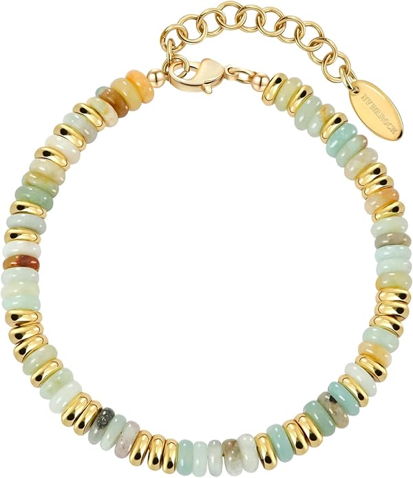 Beaded Bracelet for Women and Girl, Colorful Beach Boho Gems Bracelet 14K Gold Plated Stackable Handmade Bohemian Multicolor Natural Stone Bracelet