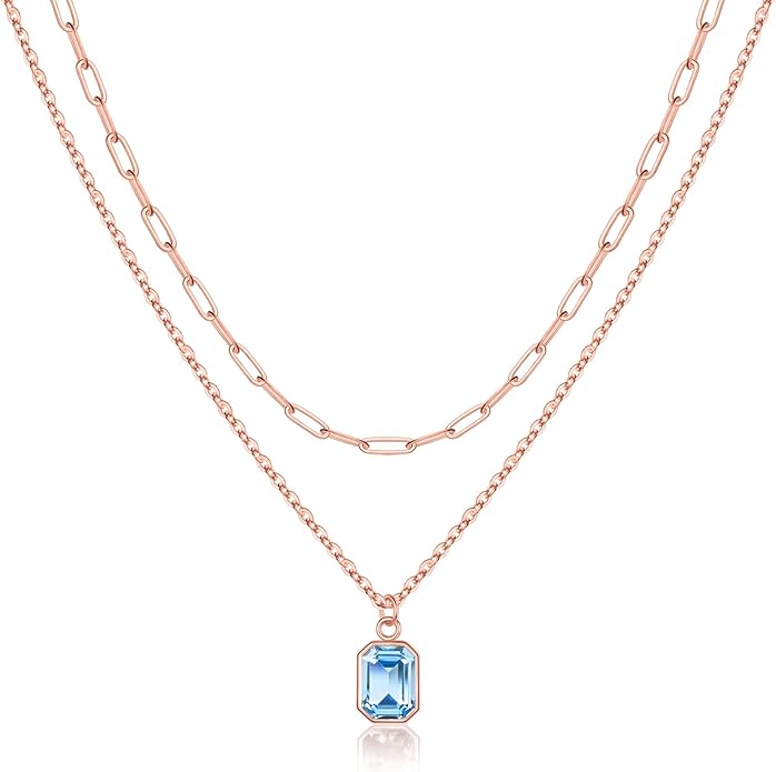 Layered Birthstone Necklace for Women Girls, 14K Gold-Plated Paperclip Chain Choker Necklace with Rectangle Birthstone Pendant Birthday Gifts for Women Girls Dainty Small