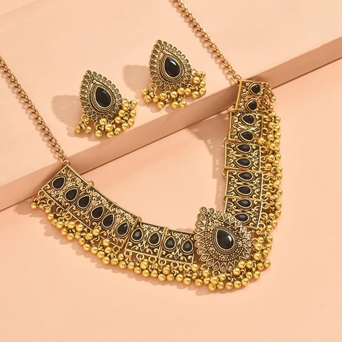 Indian Wedding Bridal Traditional Bohemian Jewellery Set for Women Girls Antique Oxidized Ethnic Party Prom Wear Statement Necklace Earring Tassel Bollywood Choker Punk Crystal Fashion Gift for Bride