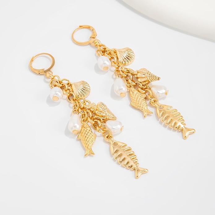Gold Starfish Shell Earrings for Women with Pearl Beach Seashell Earrings Dangle Summer Vacation Earring for Women Beach Jewelry