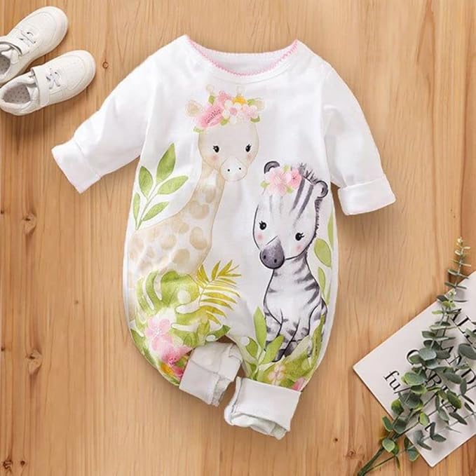 Cute Giraffe + Zebra With Floral Print Long Sleeve Baby Girl Clothes White Jumpsuit baby girl bodysuit